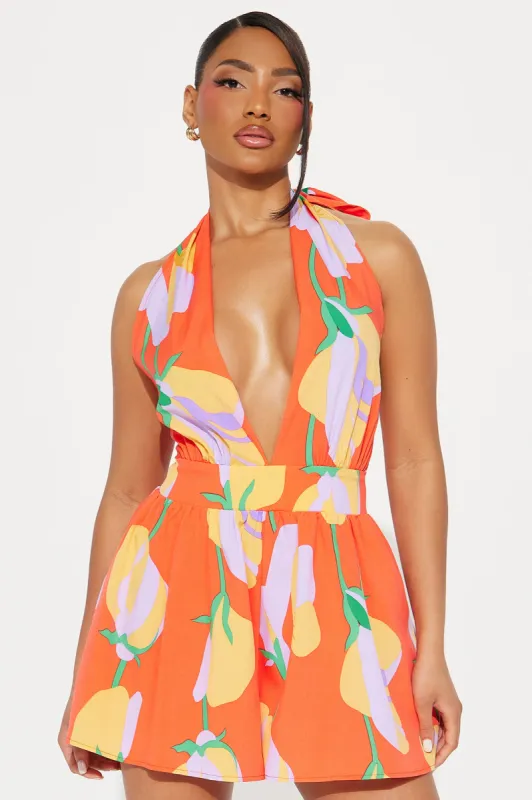 Take A Hint Romper - Orange/combo sold by Fashion Nova