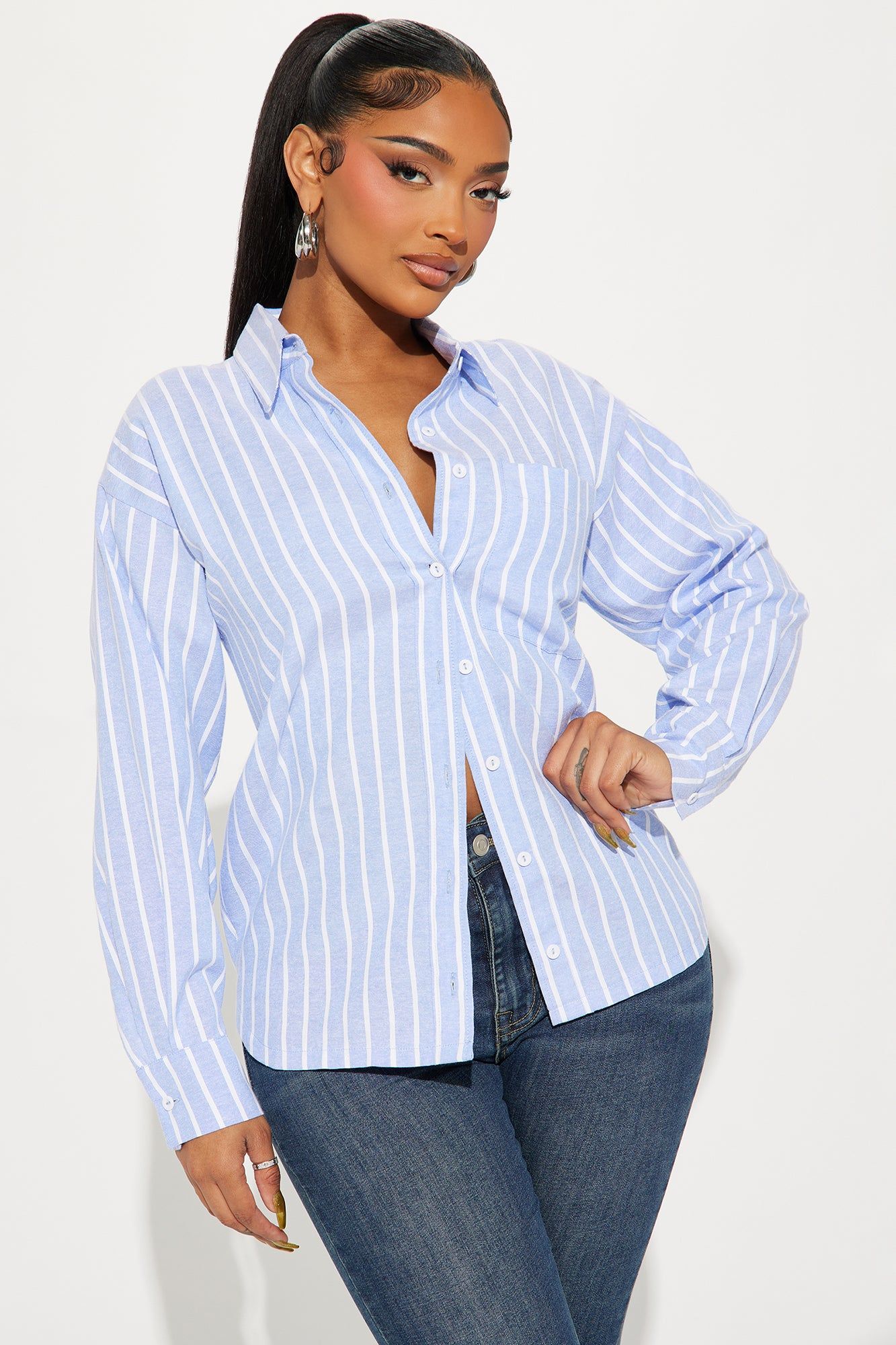 Taylor Striped Linen Shirt - Blue sold by Fashion Nova