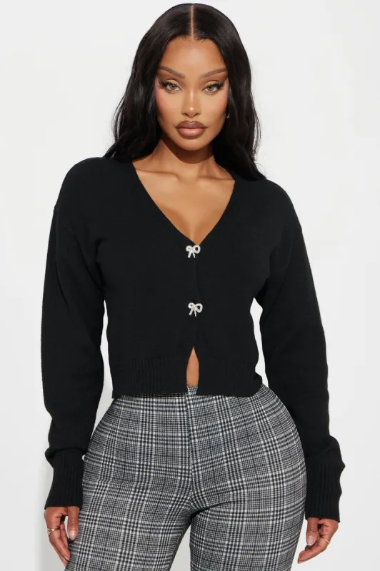 With A Bow Cropped Cardigan - Black sold by Fashion Nova