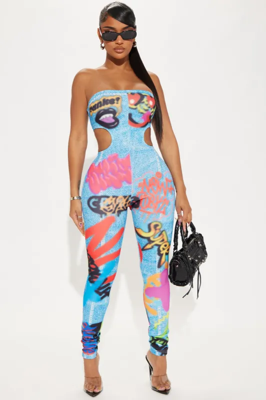 Going Global Graffiti Jumpsuit - Blue/combo sold by Fashion Nova