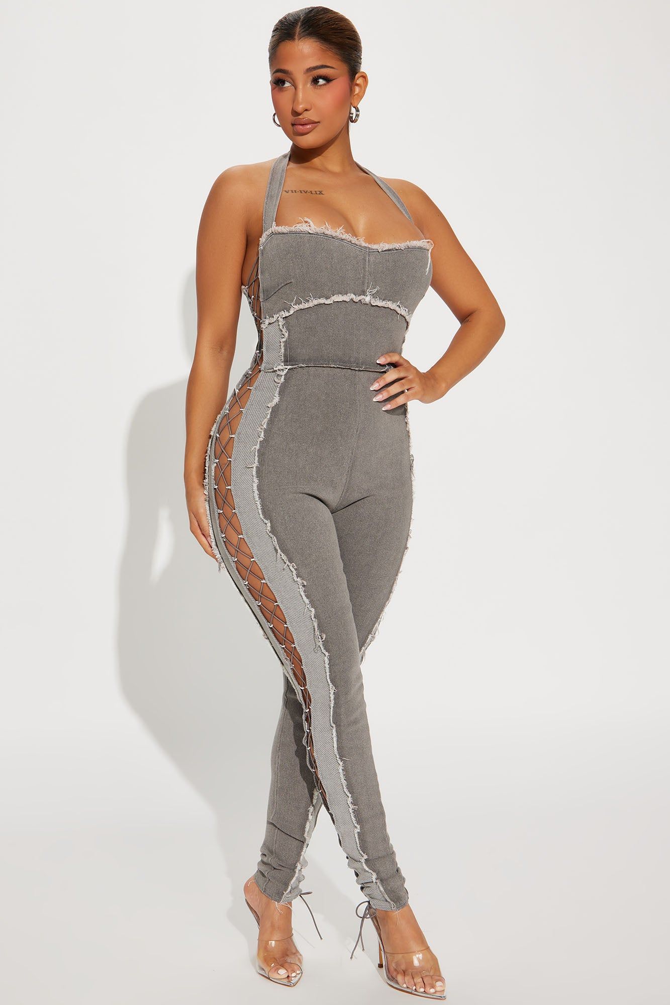 A Bit Flirty Denim Jumpsuit - Charcoal sold by Fashion Nova