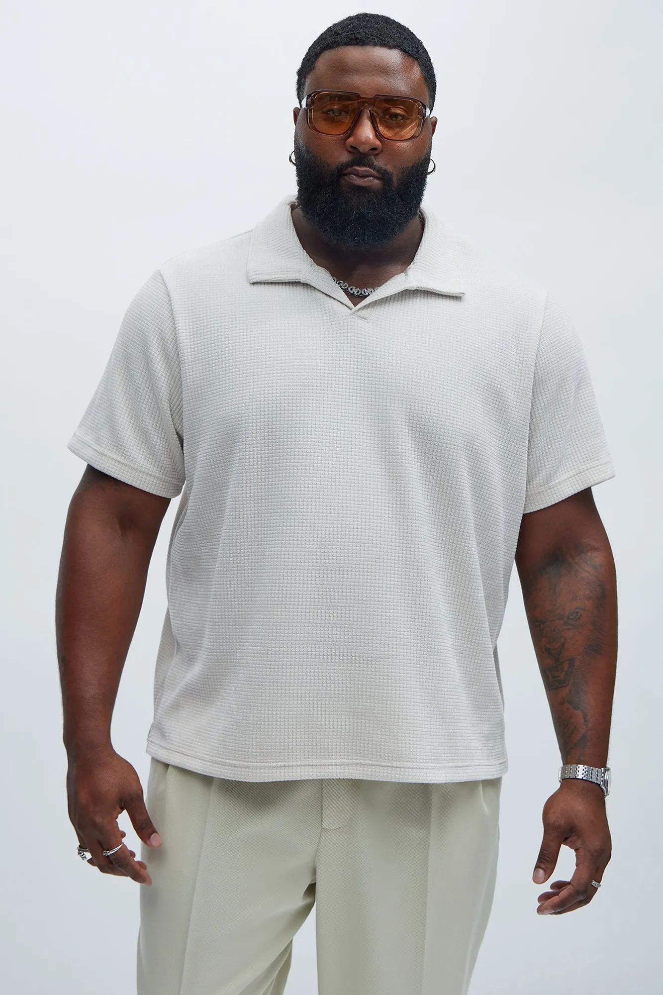 Greenville Waffle Knit Johnny Collar Short Sleeve Polo - Cream sold by Fashion Nova product image thumbnail 5