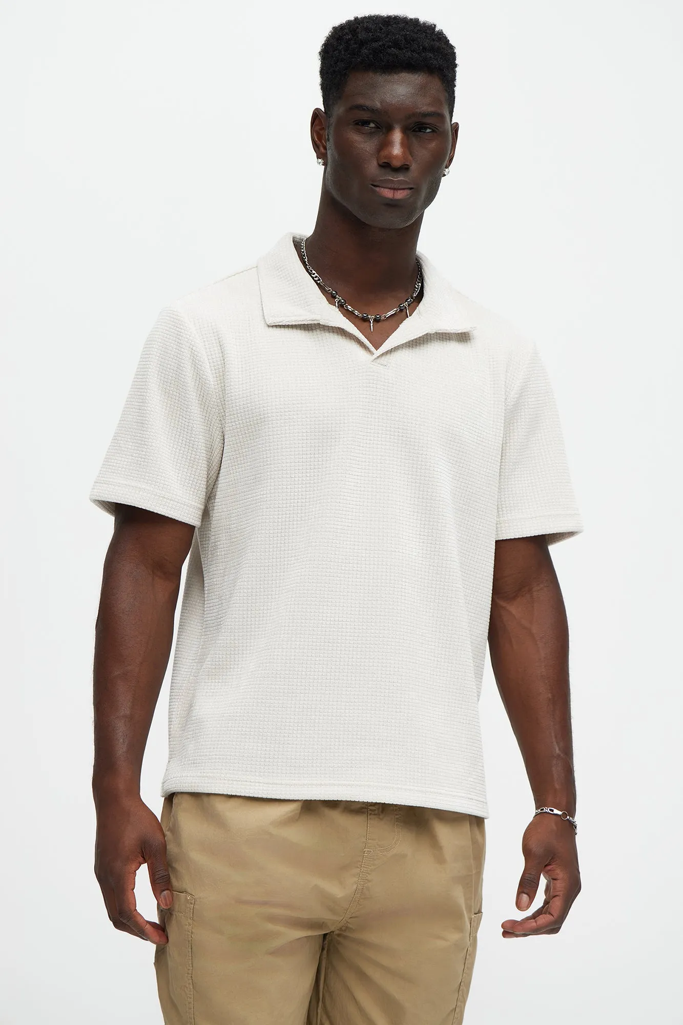 Greenville Waffle Knit Johnny Collar Short Sleeve Polo - Cream sold by Fashion Nova