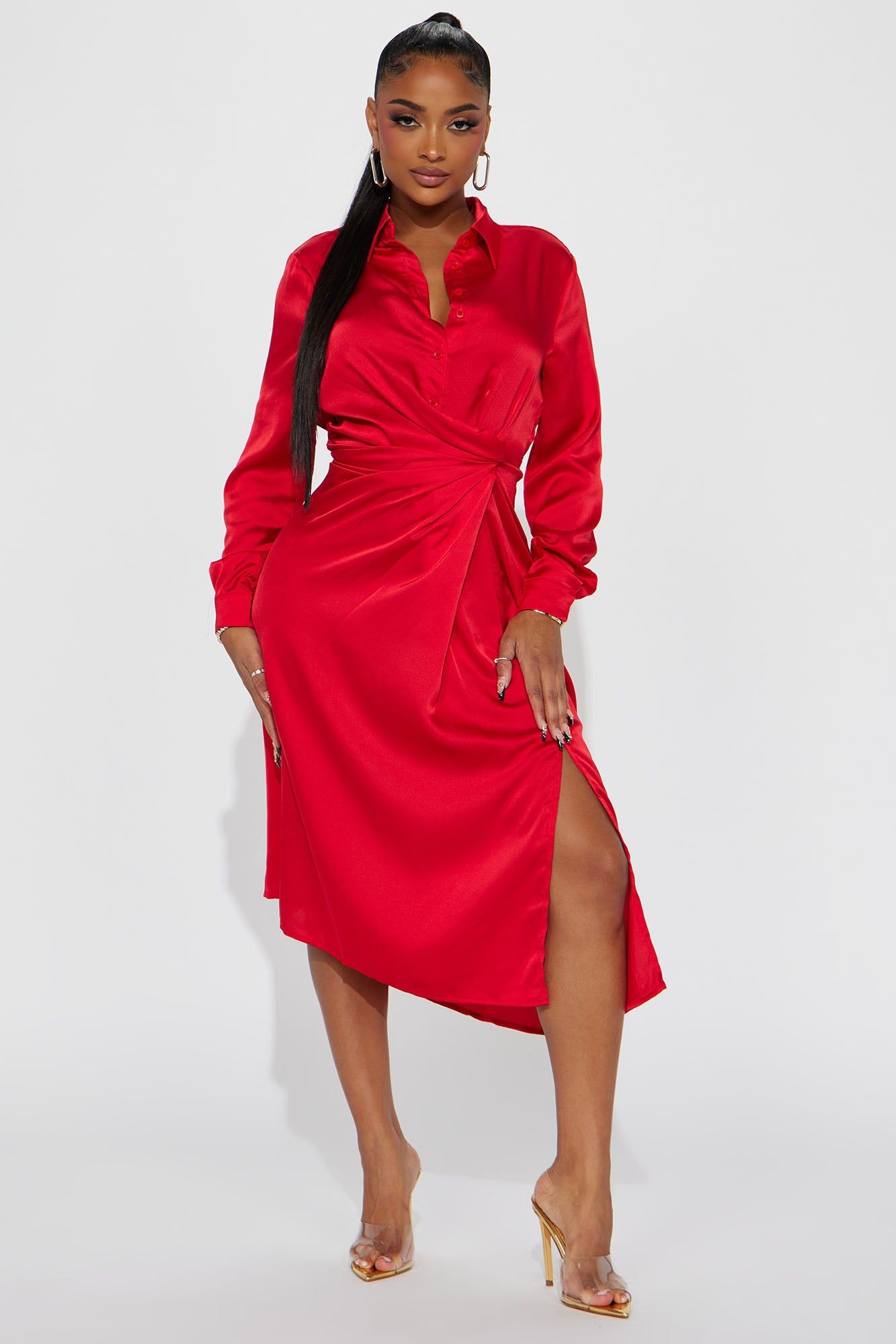 Isabella Satin Midi Dress - Red sold by Fashion Nova
