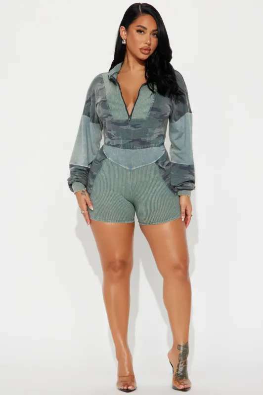 Off Duty Romper - Camouflage sold by Fashion Nova