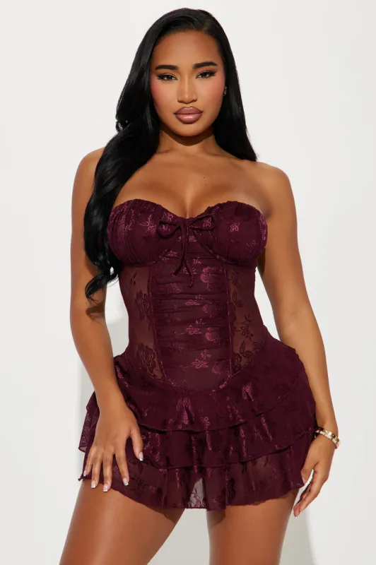 Sweet Pea Lace Micro Mini Dress - Burgundy sold by Fashion Nova