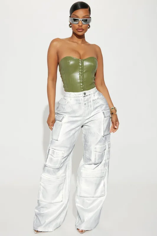 Pay It Forward Metallic Foil Cargo Pant - Silver sold by Fashion Nova