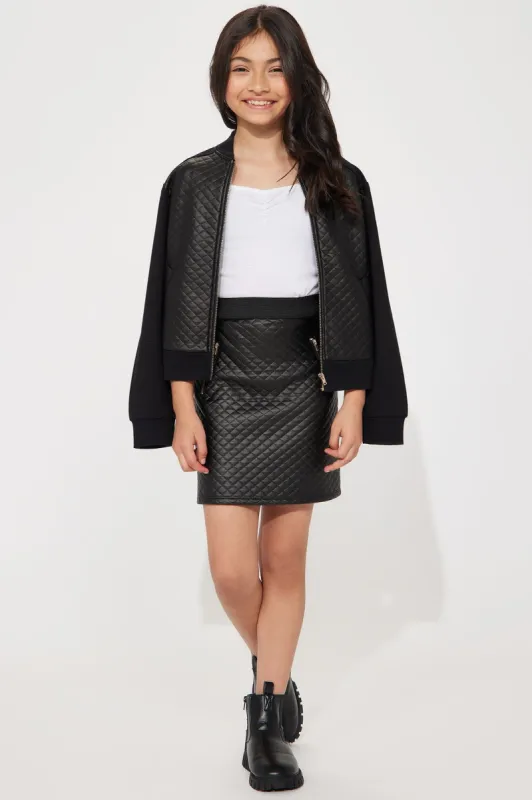 Mini Quilted Pleather Pull On Skirt - Black sold by Fashion Nova