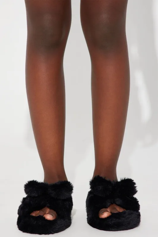 Mini Faux Fur Elastic Band Slippers - Black sold by Fashion Nova