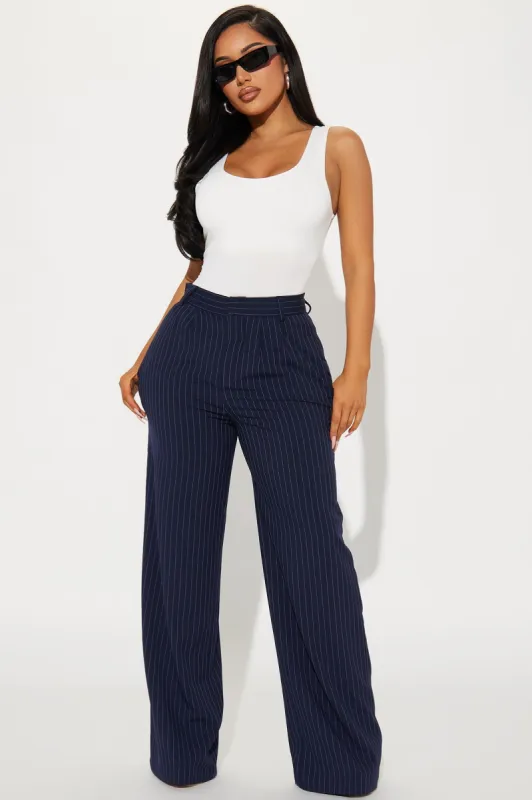 Turning Heads Pinstripe Trouser - Navy sold by Fashion Nova