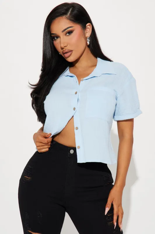 Warm Feeling Gauze Shirt - Blue sold by Fashion Nova
