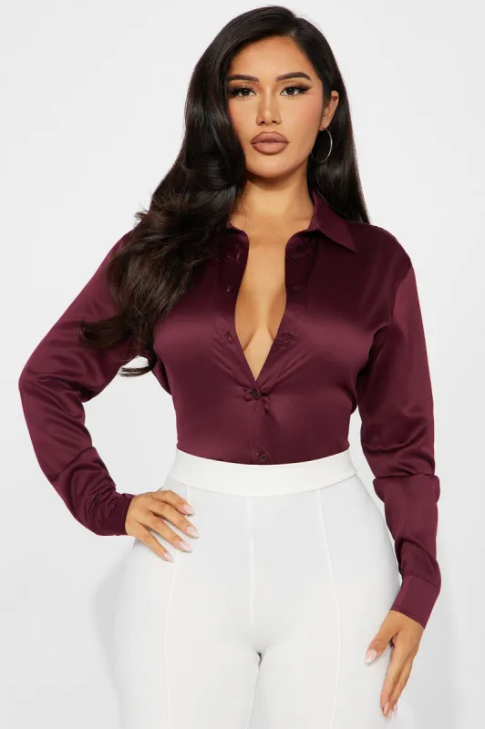 Yuliana Satin Shirt - Wine sold by Fashion Nova
