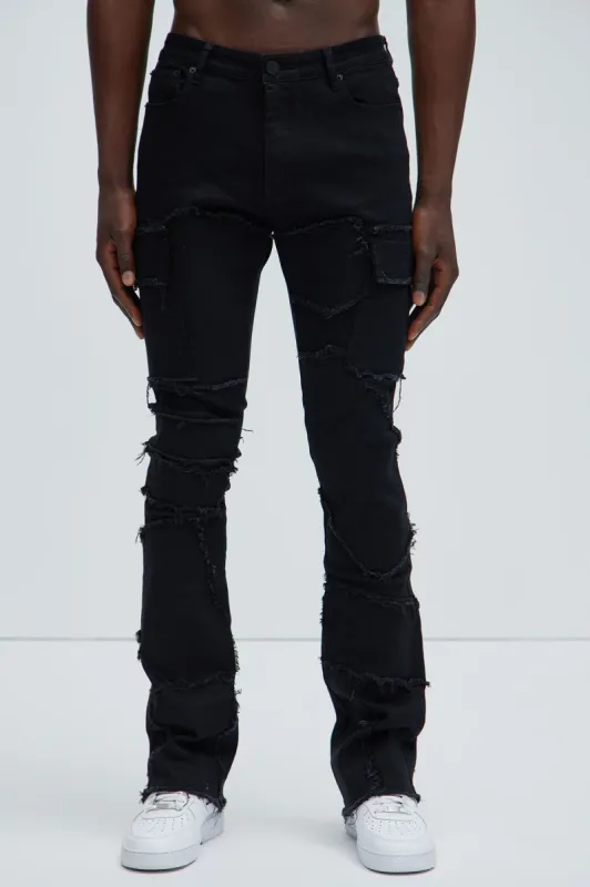 Trapping Frayed Stacked Skinny Flare Pants - Black sold by Fashion Nova