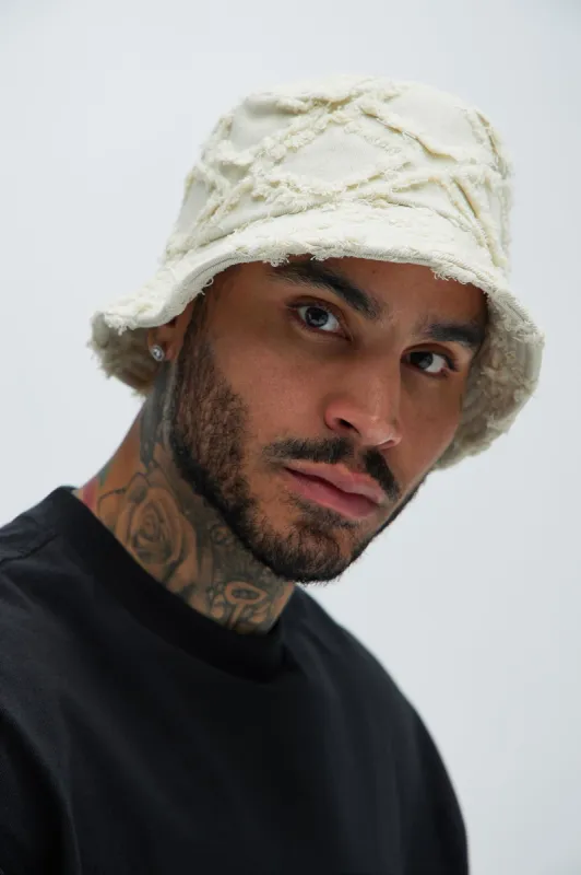 Frayed Denim Bucket Hat - White sold by Fashion Nova