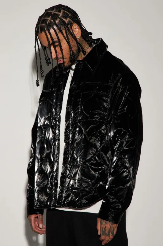 Aspen Quilted Gloss Nylon Shacket - Black sold by Fashion Nova