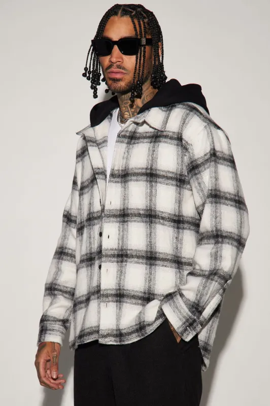 Chopping Block Hooded Shacket - White/Black sold by Fashion Nova