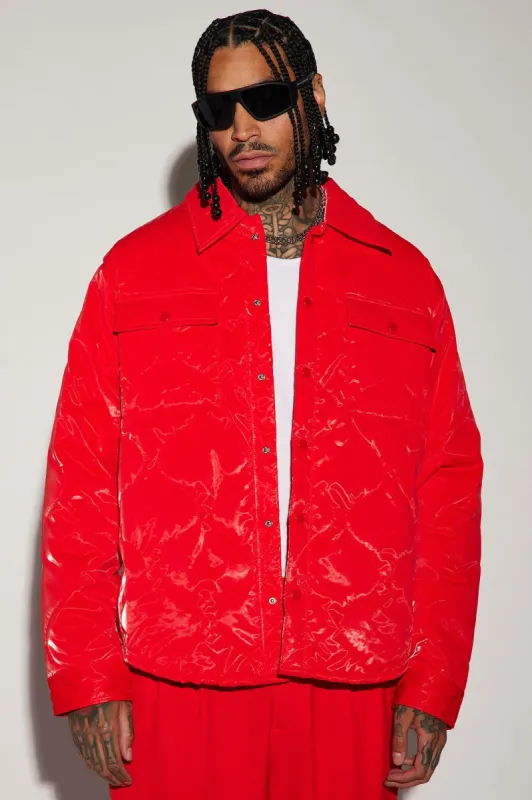 Aspen Quilted Gloss Nylon Shacket - Red sold by Fashion Nova