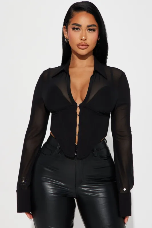 Secret's Out Mesh Corset Top - Black sold by Fashion Nova