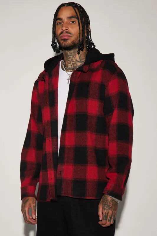 Chopping Block Hooded Shacket - Red/Black sold by Fashion Nova