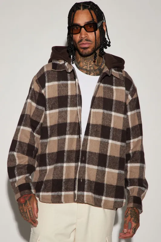 Chopping Block Hooded Shacket - Tan sold by Fashion Nova