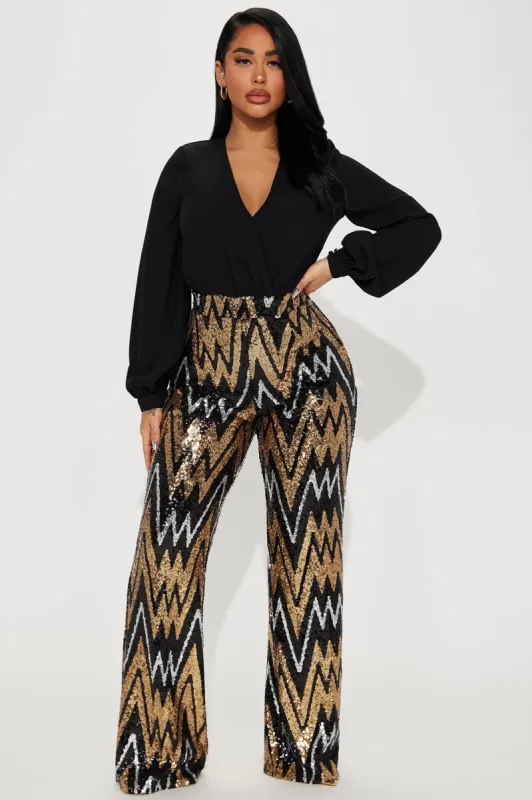 Come Into My World Sequin Jumpsuit - Black/combo sold by Fashion Nova