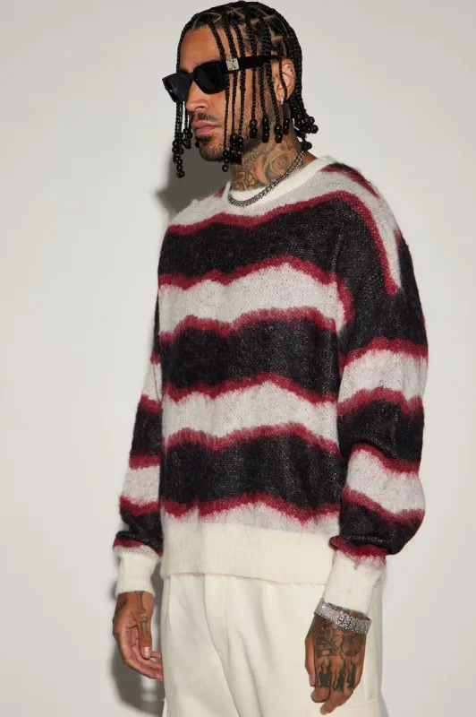 Uneven Lines Fuzzy Crewneck Sweater - Black/combo sold by Fashion Nova