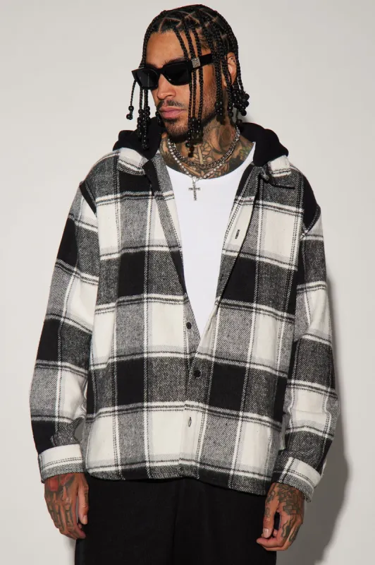 Chopping Block Hooded Shacket - Black/combo sold by Fashion Nova