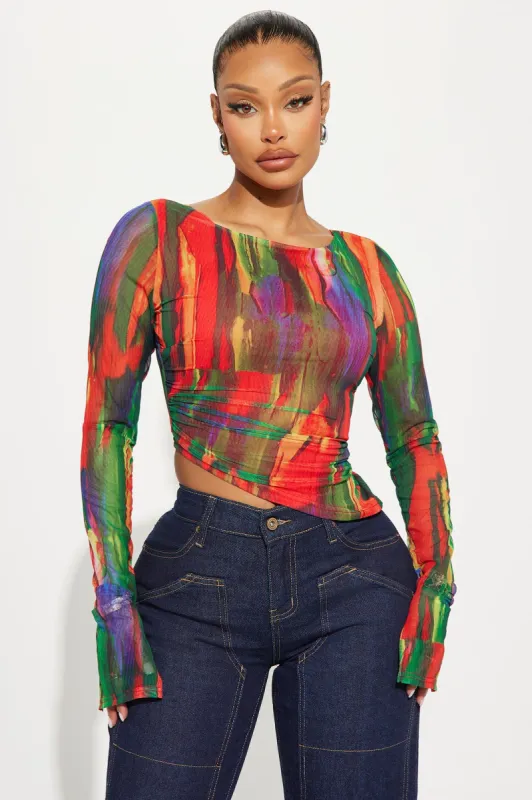 Must Be Love Asymmetrical Mesh Top - Red/combo sold by Fashion Nova