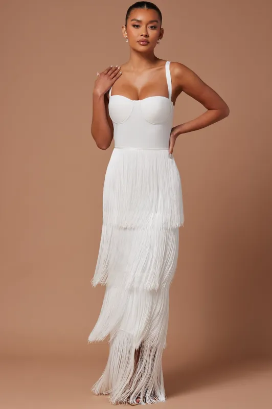 Faye Bandage Fringe Maxi Dress - White sold by Fashion Nova