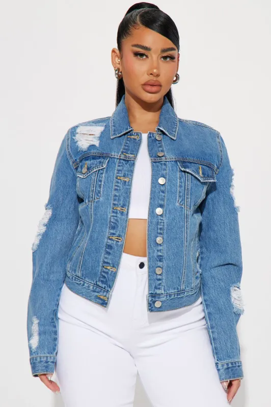 Mind Games Ripped Denim Trucker Jacket - Medium Wash sold by Fashion Nova
