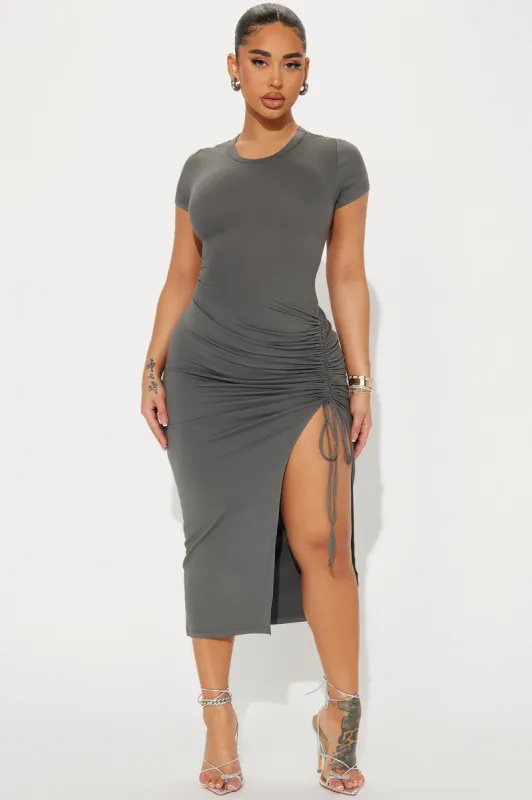Dani Ruched Maxi Dress - Grey sold by Fashion Nova