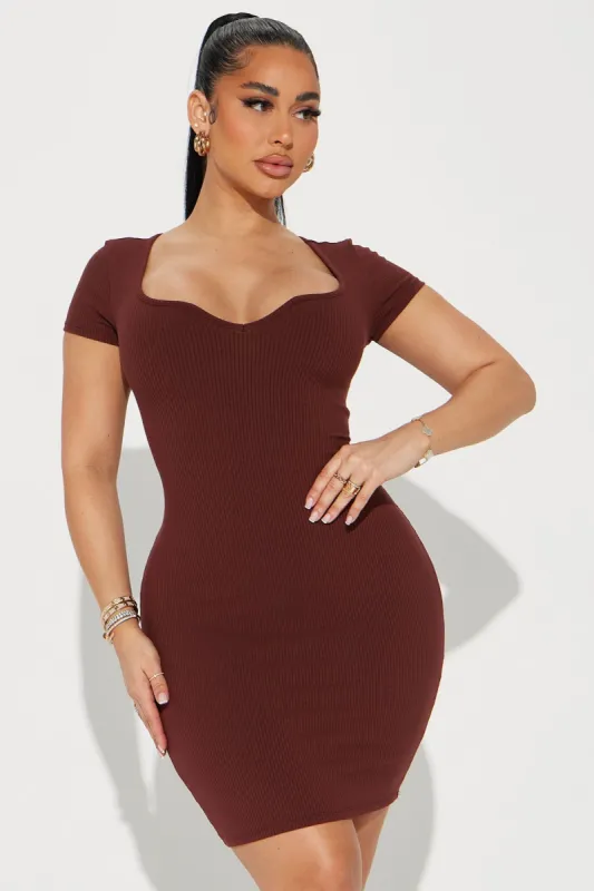 Elena Ribbed Mini Dress - Brown sold by Fashion Nova