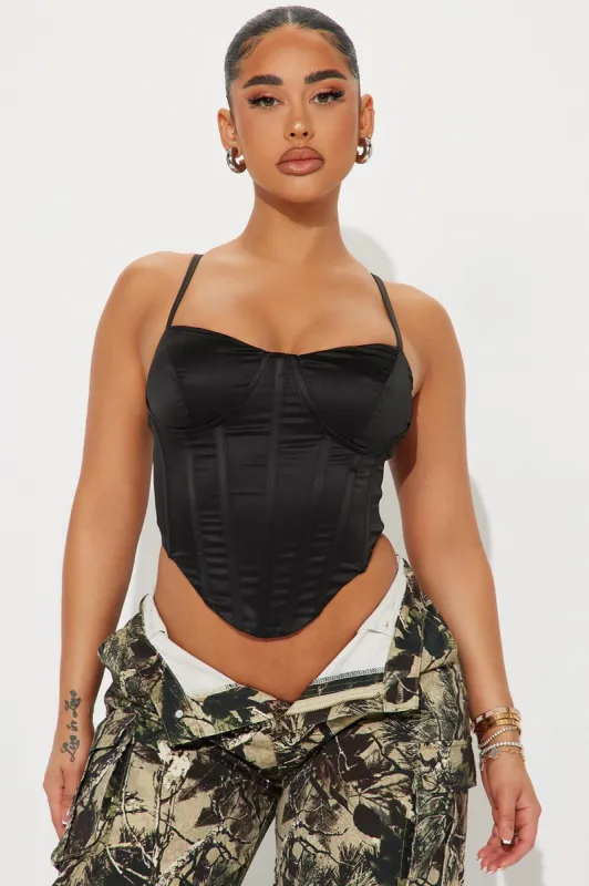 Typha Satin Corset Top - Black sold by Fashion Nova
