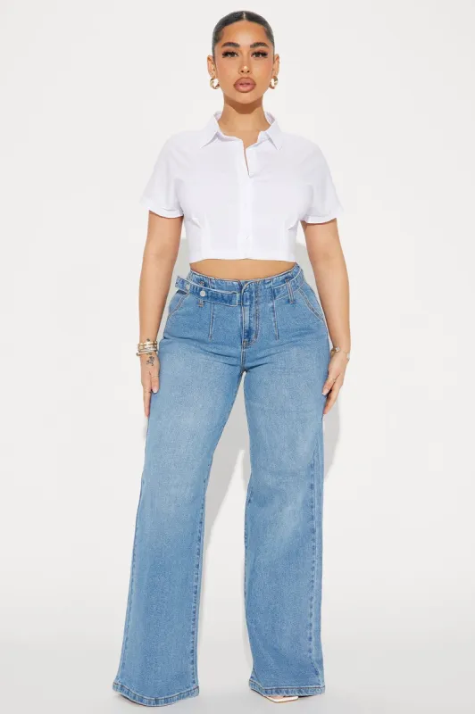 All Talk Belted Wide Leg Jeans - Medium Wash sold by Fashion Nova