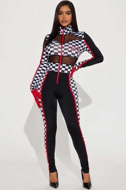 Speedway Babe Racer 2 Piece Costume Set - Black/White sold by Fashion Nova