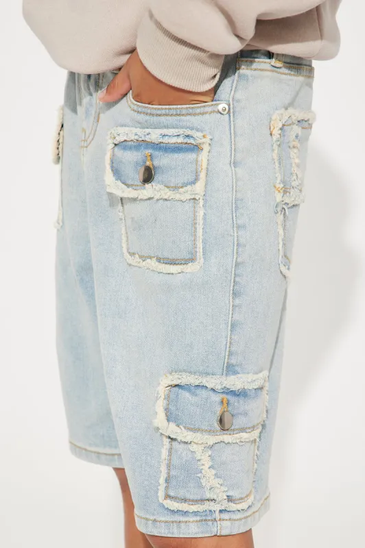 Mini More Than Two Twill Cargo Shorts - Light Blue Wash sold by Fashion Nova