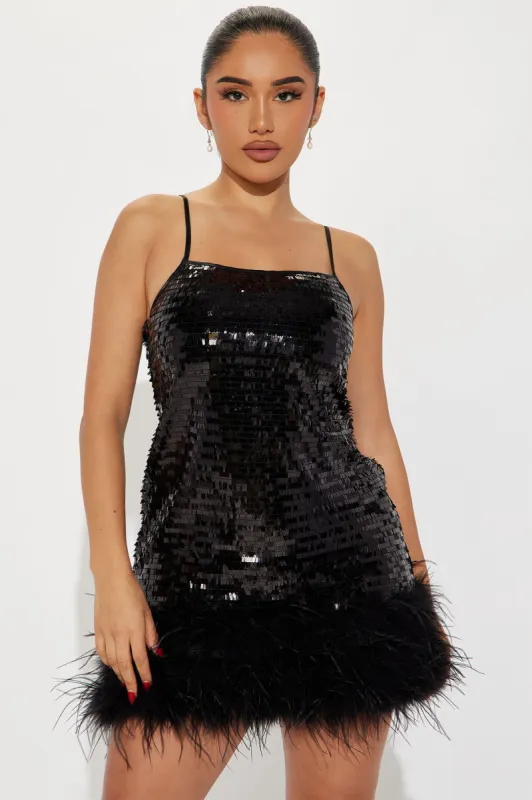 Serenity Sequin Feather Mini Dress - Black sold by Fashion Nova