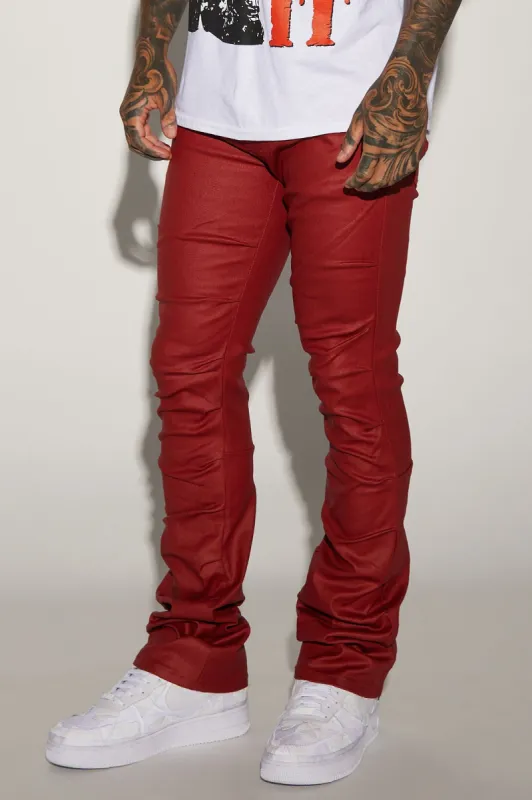 Live Wire Waxed Pleat Skinny Flare Pants - Red sold by Fashion Nova