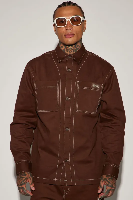 Rocky Contrast Stitch Shacket - Chocolate sold by Fashion Nova