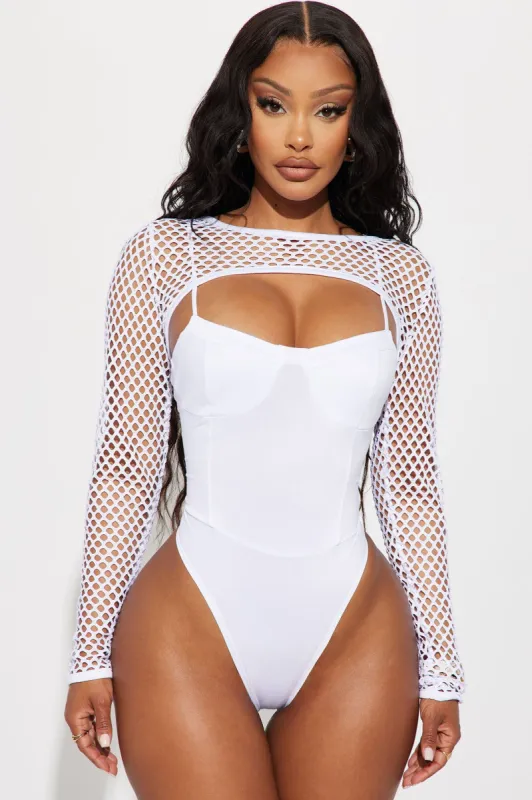 Omina Mesh Bodysuit - White sold by Fashion Nova