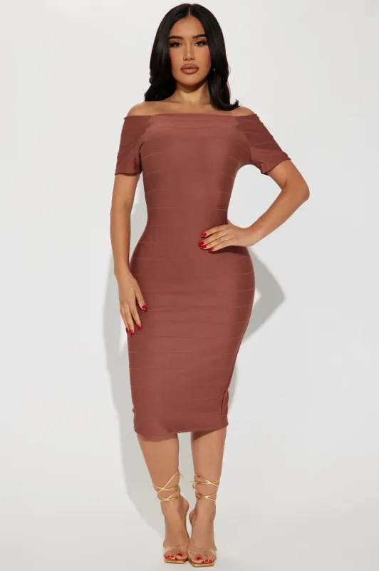 Amara Off Shoulder Midi Dress - Mocha made by Fashion Nova