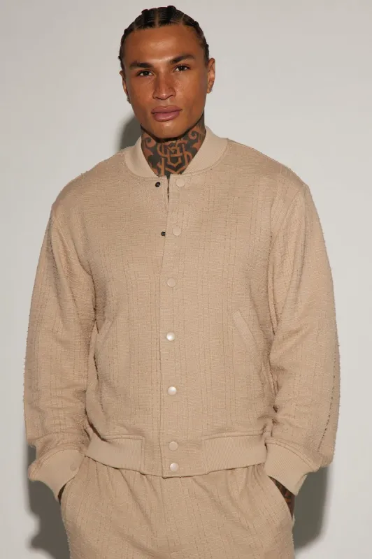 Jordan Textured Varsity Jacket - Tan sold by Fashion Nova