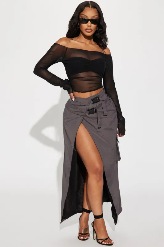 Over The Edge Nylon Cargo Maxi Skirt - Charcoal sold by Fashion Nova