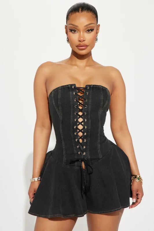 Look This Way Denim Romper - Black sold by Fashion Nova