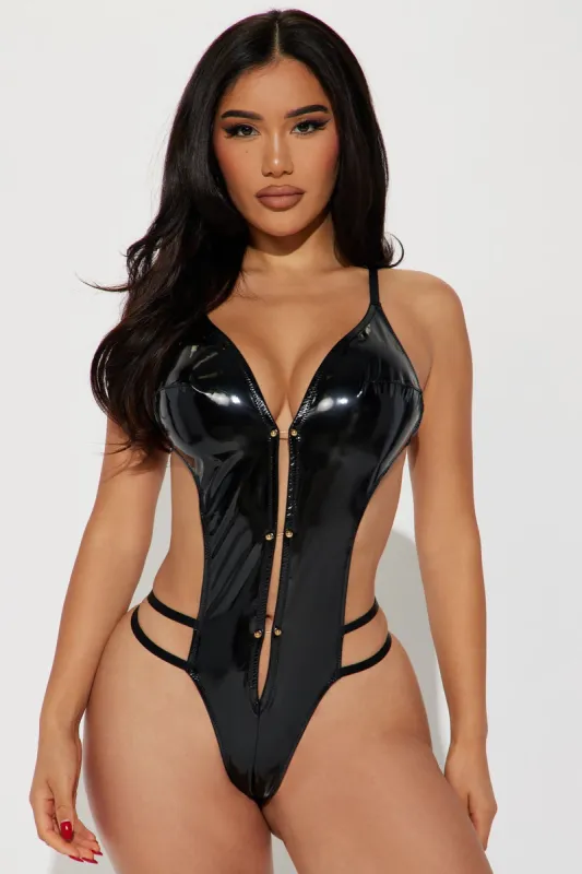 I Call The Shots Liquid Vinyl Crotchless Teddy - Black sold by Fashion Nova