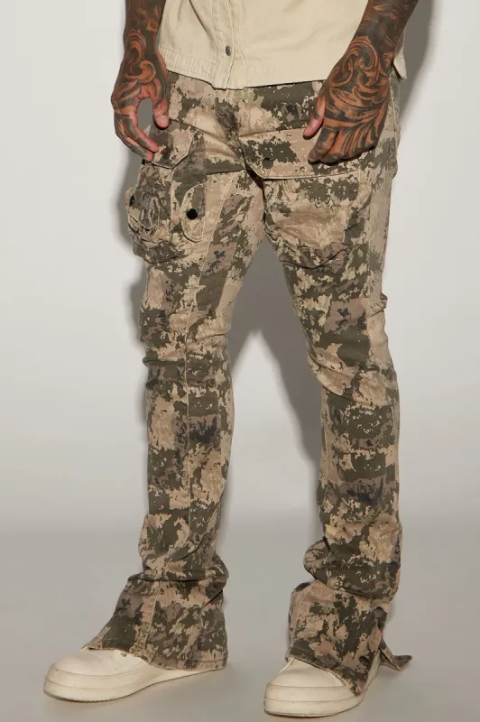 For Camo Cargo Stacked Skinny Snap Flare Pants - Camouflage sold by Fashion Nova