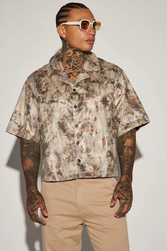 Kettner Faux Leather Cropped Button Up Shirt - Cream/combo sold by Fashion Nova
