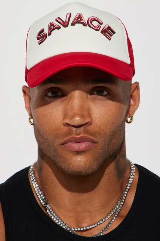 Savage Hit Trucker Hat - Red/combo sold by Fashion Nova