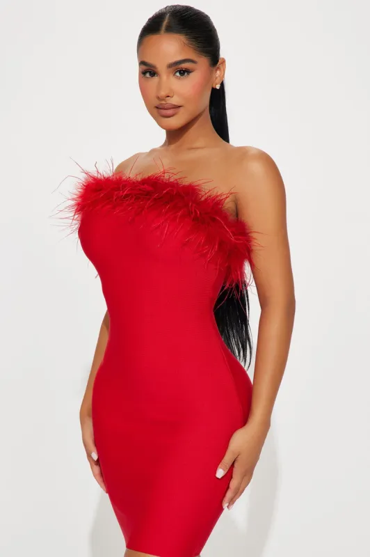 Amber Feather Mini Dress - Red sold by Fashion Nova