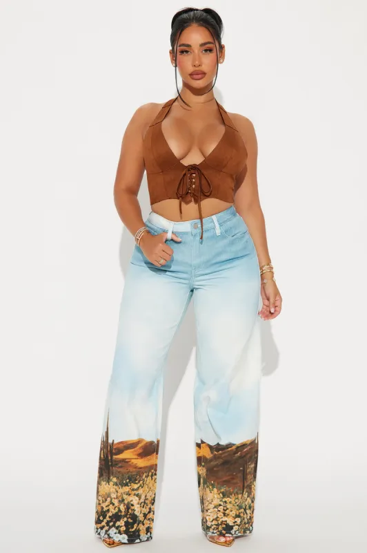 Ghost Town Dessert Print Wide Leg Jeans - Teal/combo sold by Fashion Nova